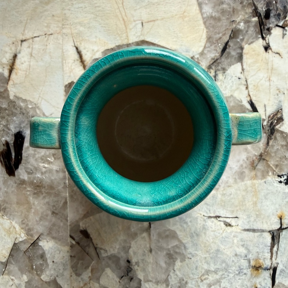 Two-Handled Turquoise Glazed Ceramic/Pottery Vase - Picture 2 of 5
